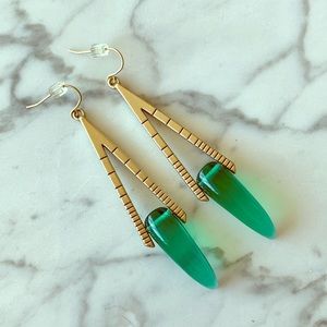 Brass and green dangling earrings 2.5”